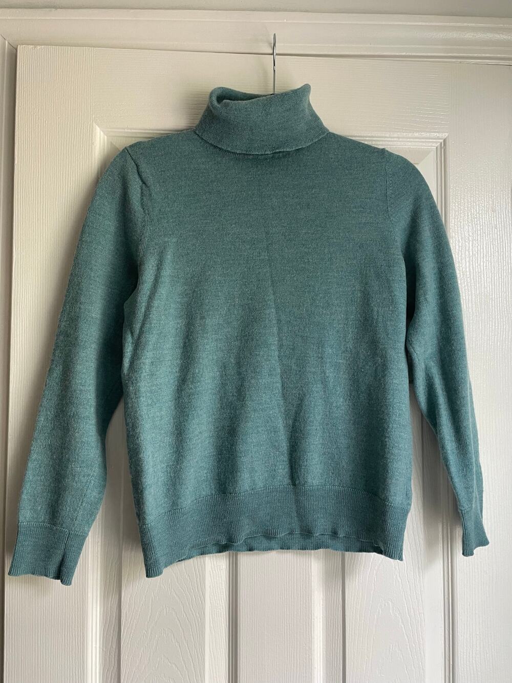 100% Merino Wool Sz L Green Teal Blue Turtle Neck Layering Sweater H by Halston